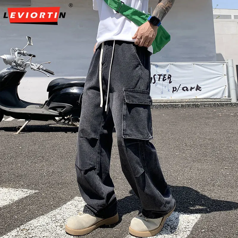 

Streetwear Men's Cargo Jeans High Street Heavy Duty Multi-Pocket Curved Leg Loose Fit Distressed Burned Salt Wash Denim Trousers