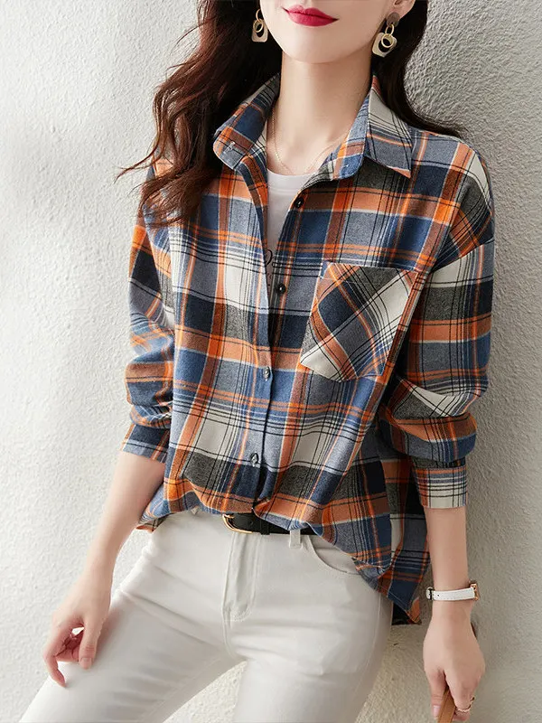 

Корейская женская рубашка в клетку с длинным рукавом, модная, элегантная, омолаживающая, премиум-класса, на пуговицах, стандартного кроя