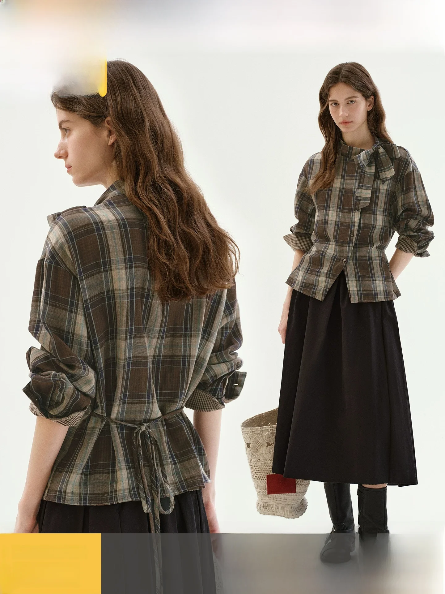 

Fano 100% Cotton Plaid Shirt Women's Autumn Knot Tie Design Unique Top Buttoned Long Sleeve Commute Style