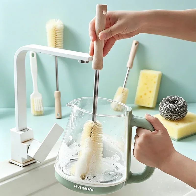 Wooden Bottle Cleaning Brush with Long Handle Washing Brush Cleaner Bottles Inside Brush for Cleaning Baby Bottles QJS002
