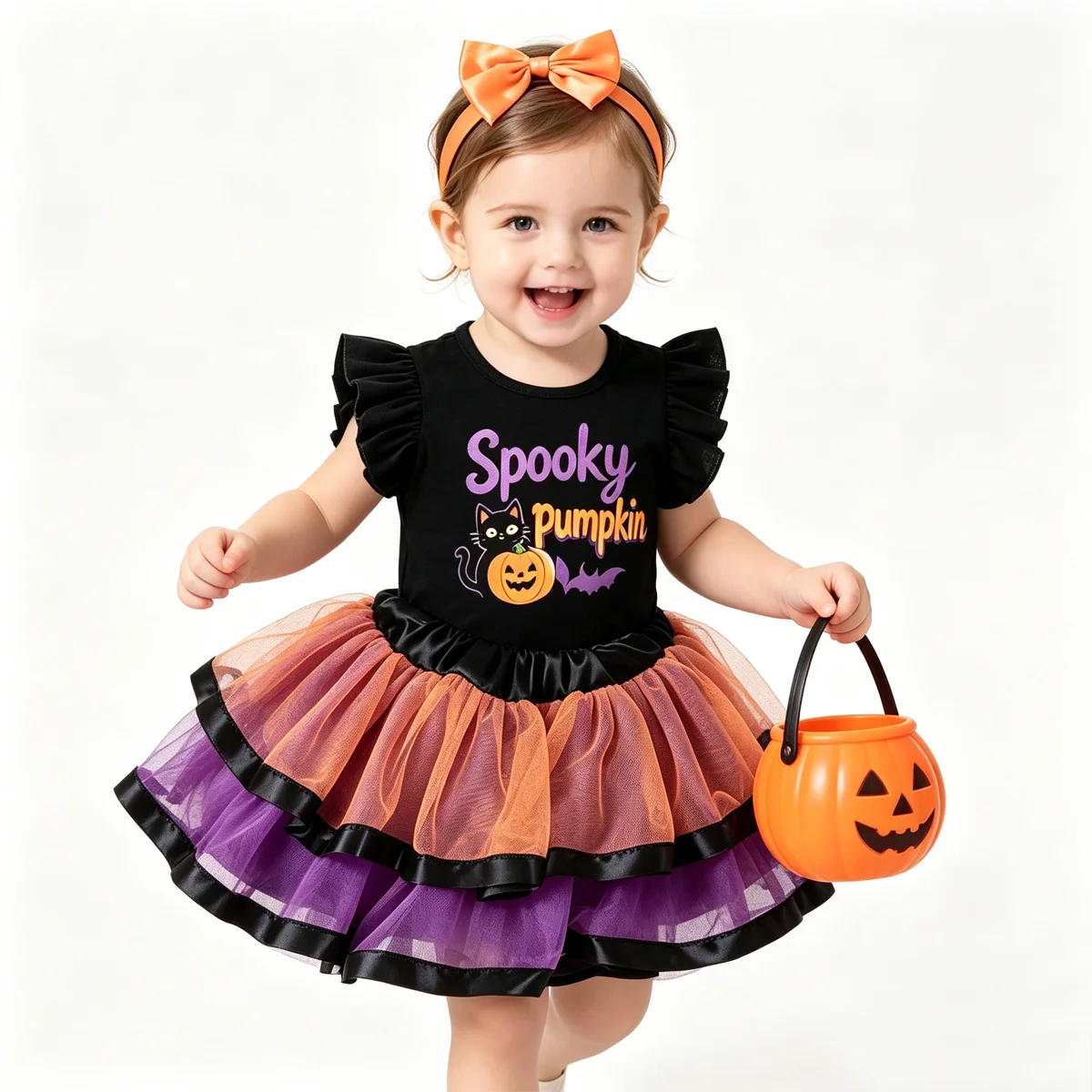 Kids Baby Girls Halloween Tutu Dress Spooky Pumpkin Black Cat Print Flutter Sleeve T Shirt Headband Set Cosplay Party Outfit