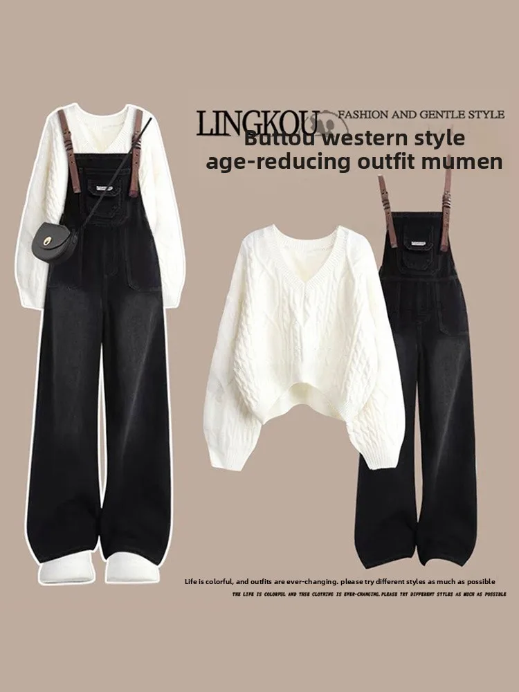 

Large Size Spring Fashion Knitted Sweater And Denim Overalls Two-Piece Set Vintage Slimming College Style Women's Ensemble