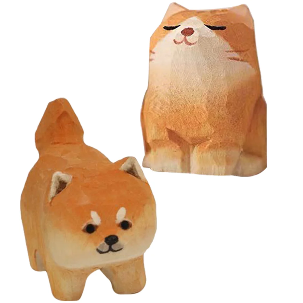 2 Pcs Orange Cat Shiba Inu Ornament Wood Desktop DIY Ornaments Wooden Decorations Woodcarving Statue Dog