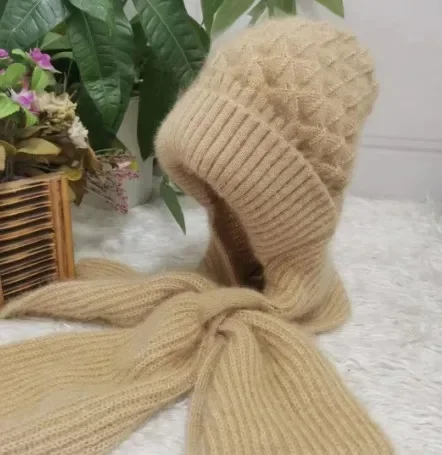 Womens Knit Wool Beanie Hat Winter Warm Windproof Ear Cycling Scarf Set Snow Beanies Thickened Caps Scarf Sets