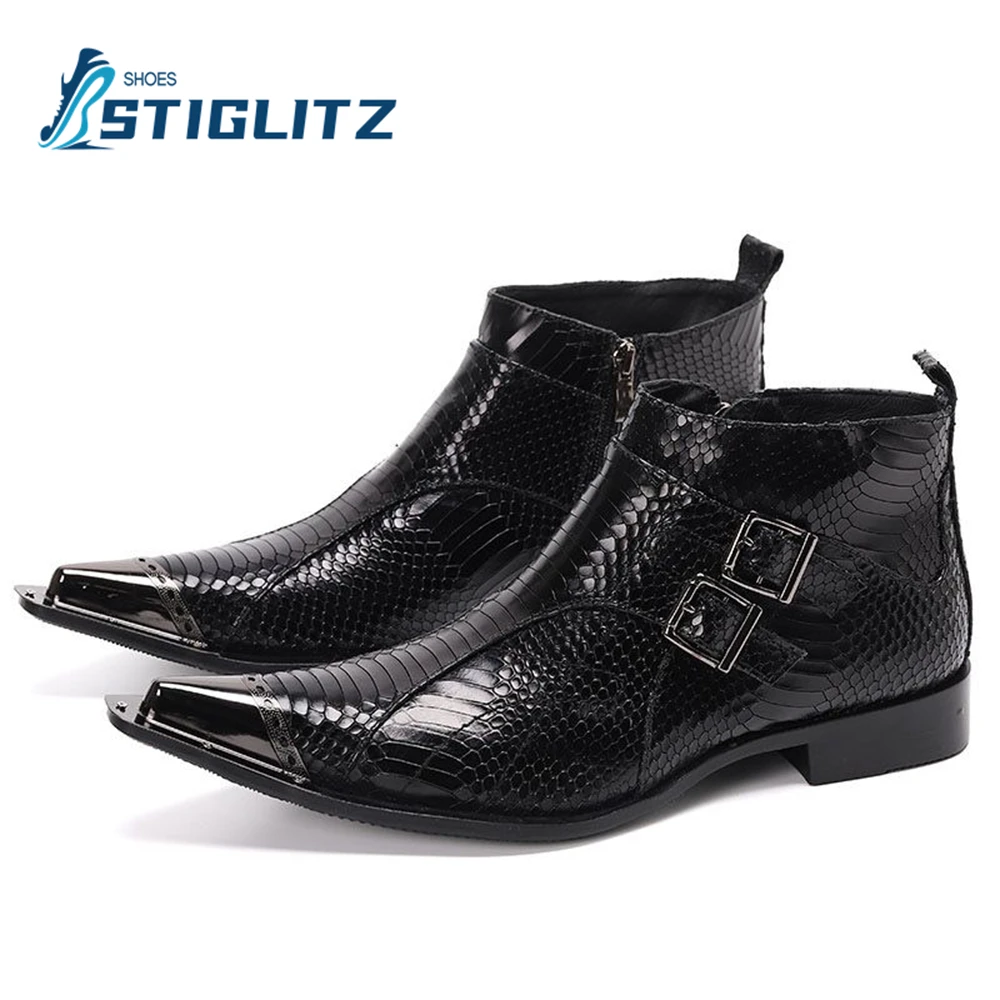 Panel Crocodile Chelsea Ankle Boots Buckle Side Zipper Black Leather Boots New British Style Men's Business Formal Casual Shoes