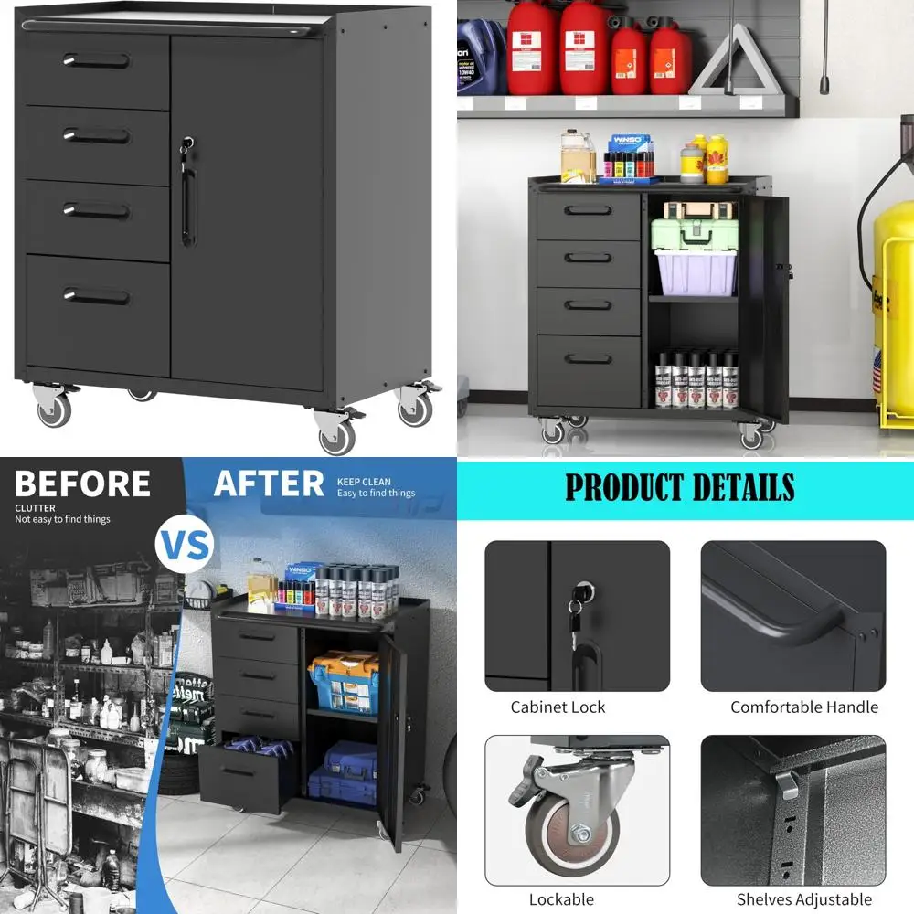 Armadietto portautensili portatile in metallo resistente con 4 cassetti e ampio spazio di archiviazione per garage