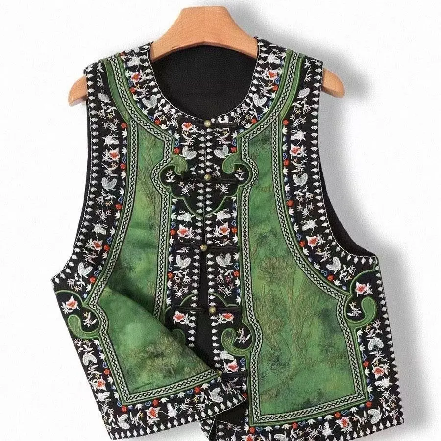 

New printed national style Chinese vest heavy industry Tang suit retro imitation embroidery printed disc buckle vest top vest