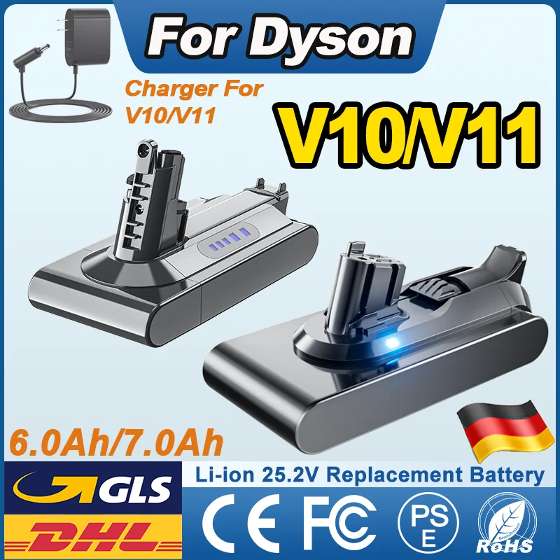Batteria Ricaricabile per Aspirapolvere 25.2V per Dyson V10 V11 6.0Ah/7.0Ah Absolute V11 Animal V10 Absolute con Caricabatterie