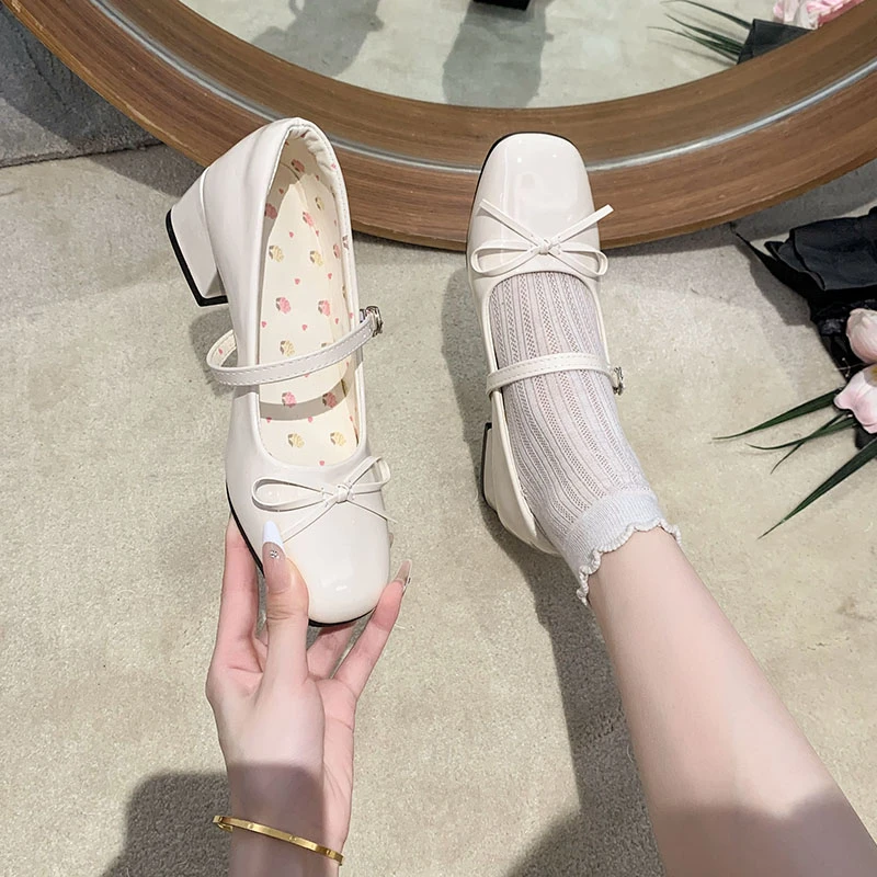 Bow-knot High-heeled Patent Leather Block-heeled Single Shoes for Women 2025 Spring New Style with Skirt Shallow Mary Jane Shoes