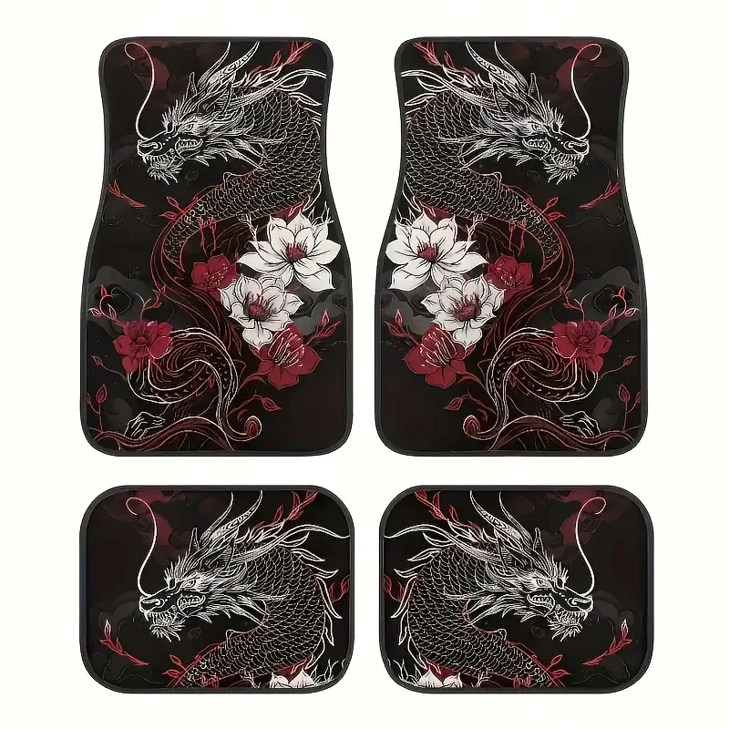 

4 pieces of dragon patterned car floor mats, front and rear seats, absorbent polyester interior, waterproof car floor mats