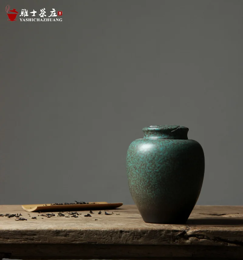 Japanese-Style Rustic Ceramic Can, Ginkgo Leaf Design, Airtight Container For Green And Pu'er Tea, Box, Kung Fu Set Tea