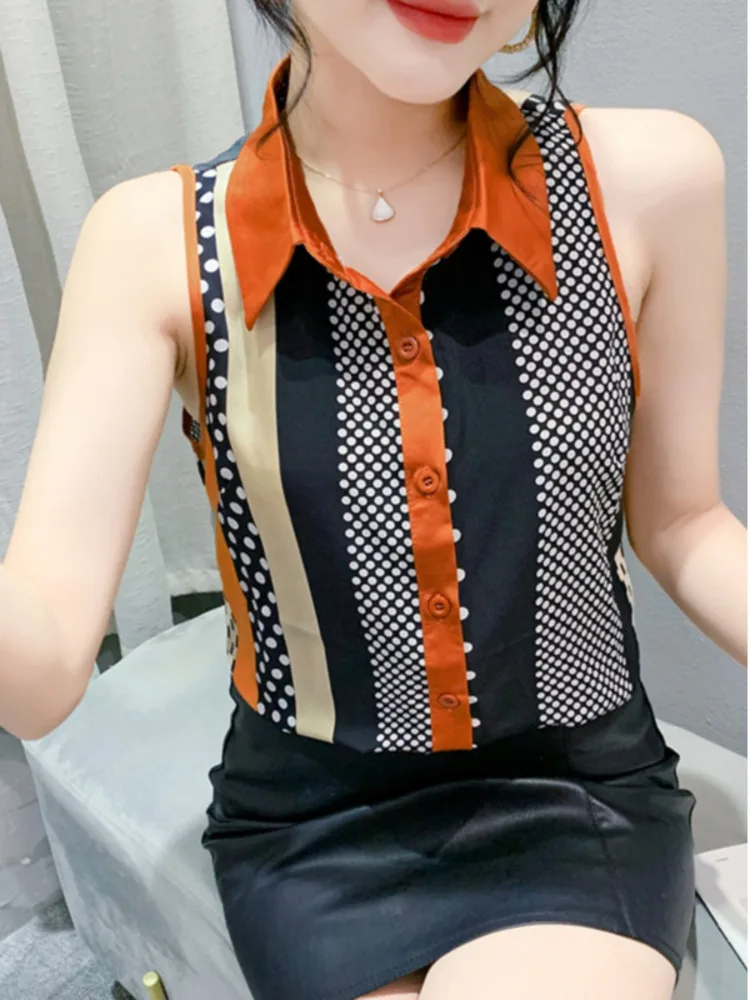 #7115 Sleeveless Womens Tops And Blouses Slim Sexy Vintage Korean Fashion Vertrical Printed Shirt Turn-down Collar Streetwear