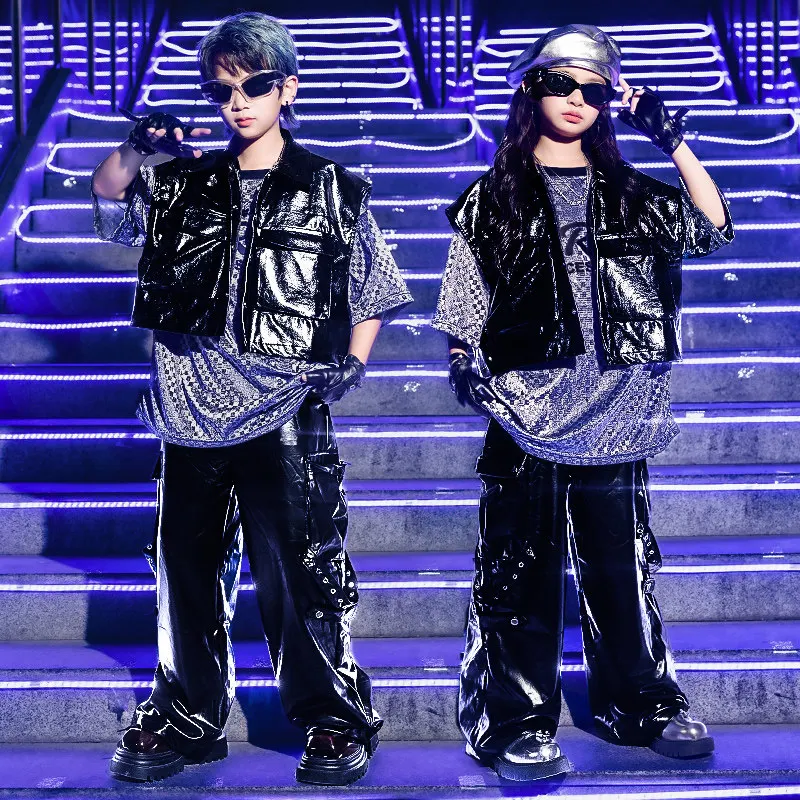 Ballroom Hip Hop Dance Costumes For Kids Black Vest Lather Pants Outfits Boys Streetwear Girls Jazz Dance Drum Clothes DQS23914