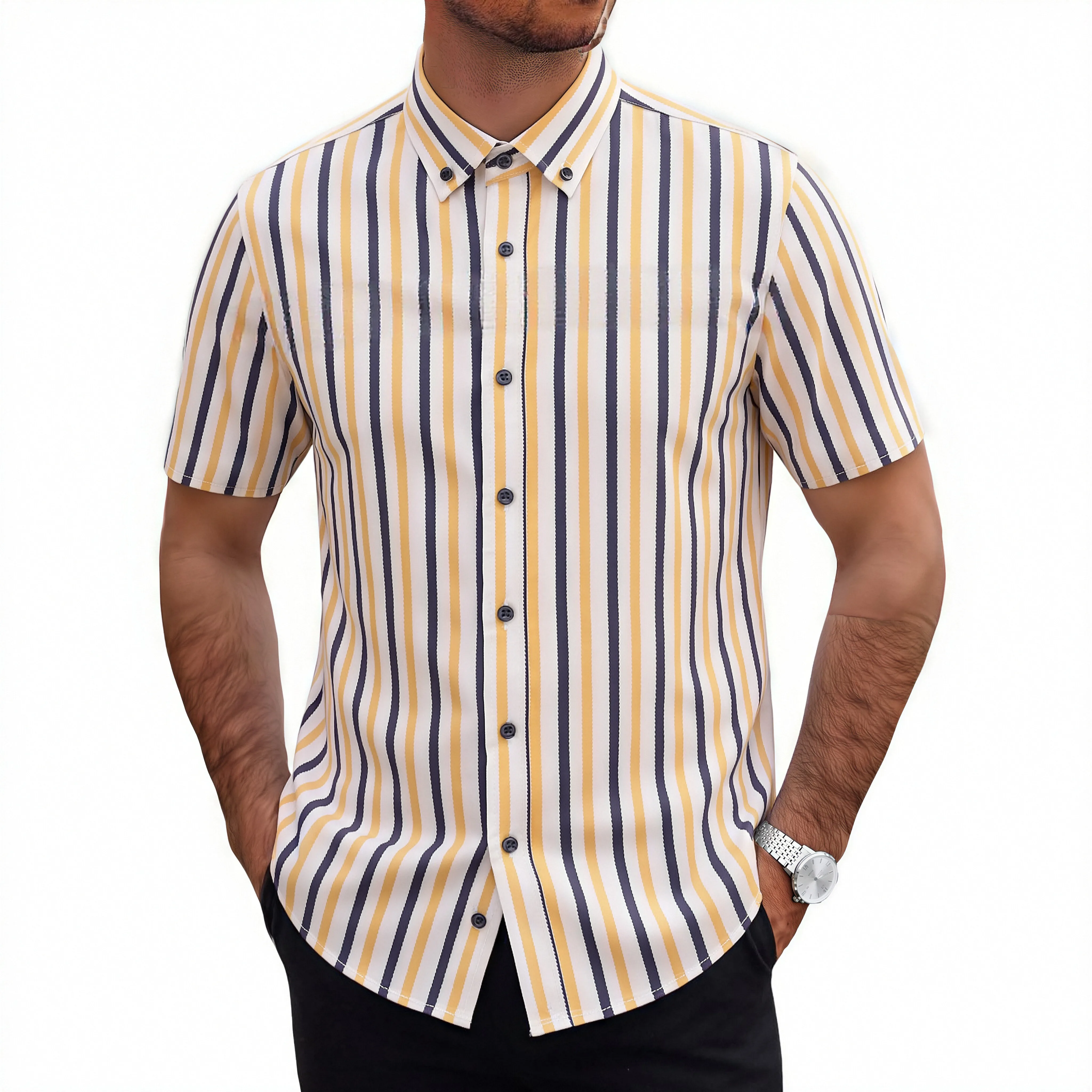 Men's stretch striped short-sleeved shirt - A summer casual, comfortable and versatile piece that suits any street style.