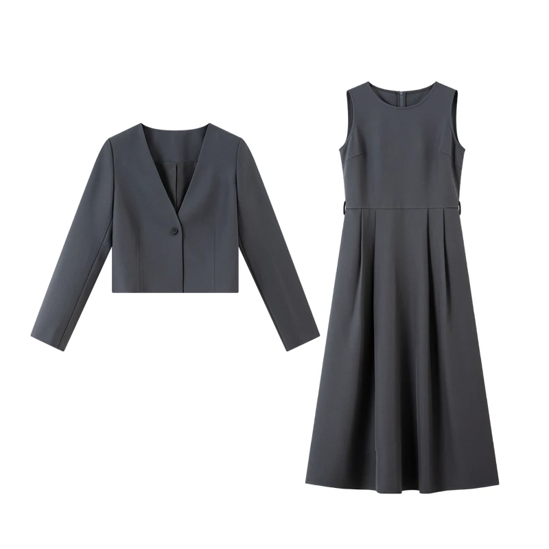 Vimly feminino outono duas peças vestido conjunto usar para trabalhar cinza em torno do pescoço sem mangas vestido longo com decote em v casacos curtos vestido conjunto a3031