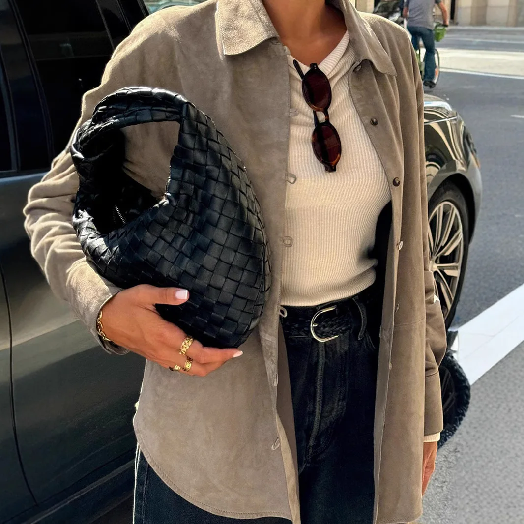 Vintage Brown Suede Shirt Fall-winter 2024 Small Loose Midi Cardigan Top Women