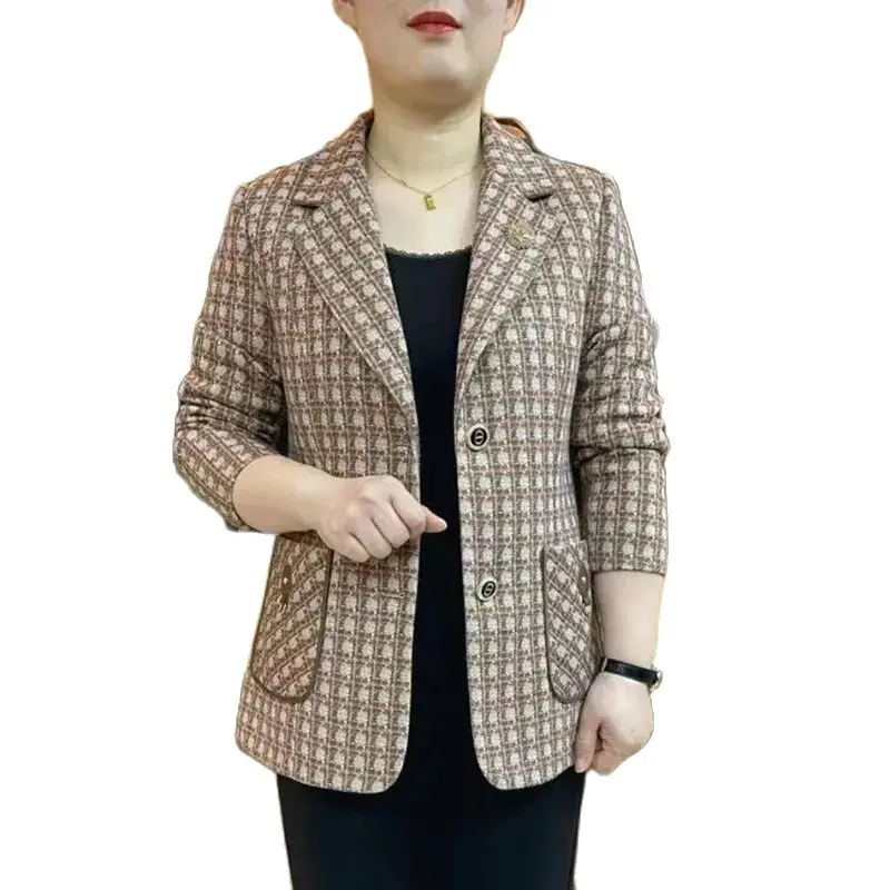 

Middle Aged Elderly Women's Blazer Fashion Plaid Suit Jacket 2024 New Spring Autumn Coat Tops Casual Outerwear Casaco Feminino