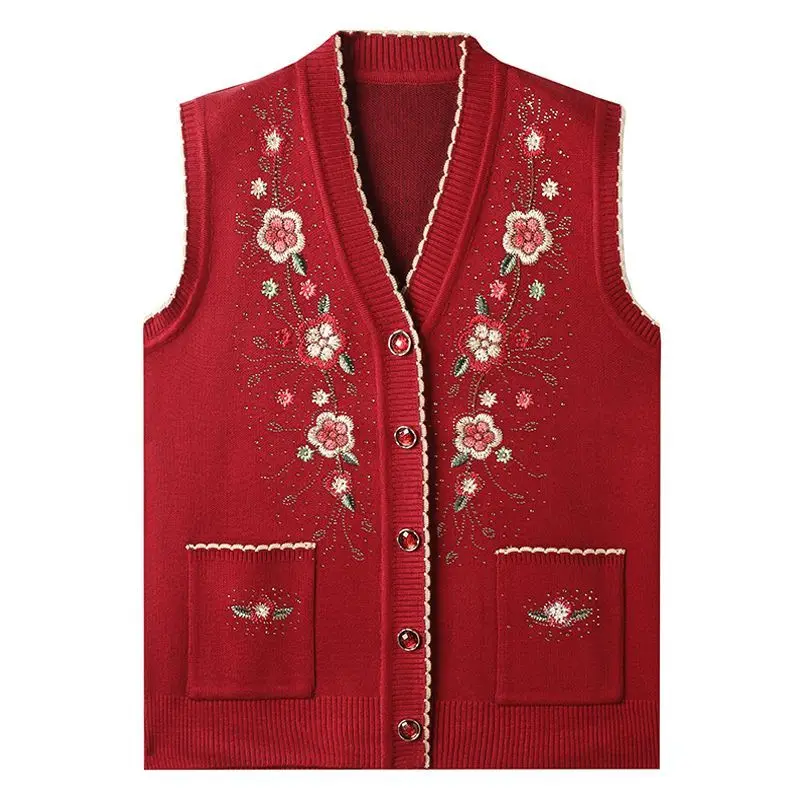 

Осенний жилет для бабушки, модный жилет с вышивкой, вязаный жилет-кардиган в стиле ретро для мамы среднего возраста