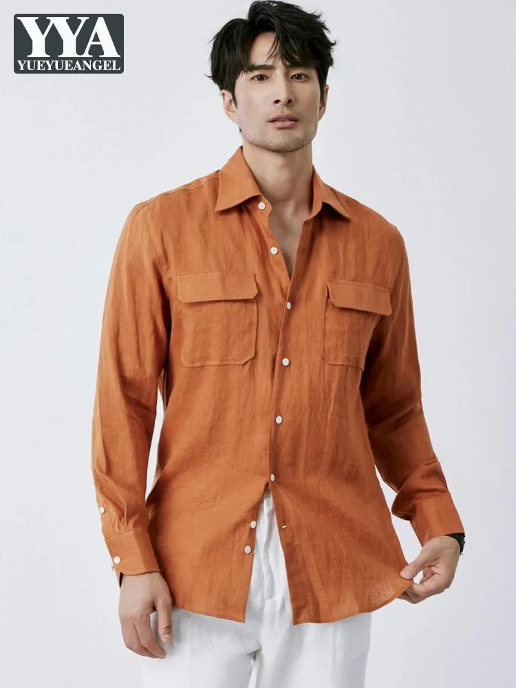 Hot Sale Male Spring Summer Single Breasted Slim Fit Linen Long Sleeved Shirts Turndown Collar Shirt Business Casual Versatile