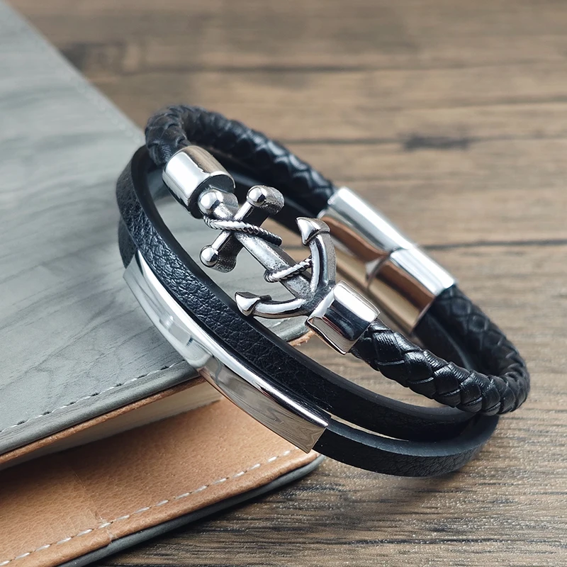 Pfeil-Bogen-Design Leder-Seil Geflochtenes Armband mit Magnetverschluss Herren Edelstahl-Armband Schmuck Geschenk Großhandel