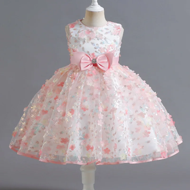 

New Girl's Birthday and First Year Dress Butterfly Embroidered Mesh Dress Children's Pink Sweet and Cute Fluffy Dress