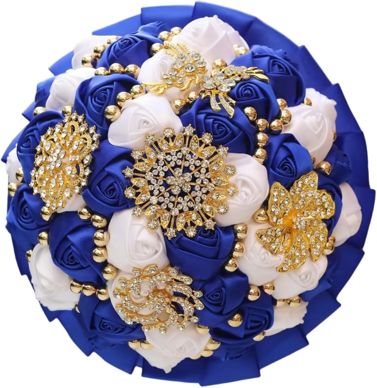 

Royal Blue White Gold Brooch Wedding Bouquet with Rhinestone Pearl Satin Rose Flower for Bride Bridesmaid Quinceanera 8.3in