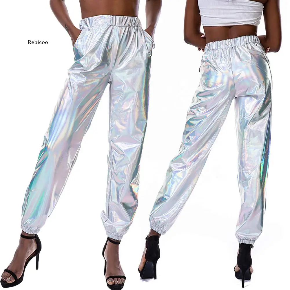 

2022 Fashion Metallic Shiny Jogger Pants Women Harem Hip Hop High Waisted Glittening Streetwear Elastic Trousers