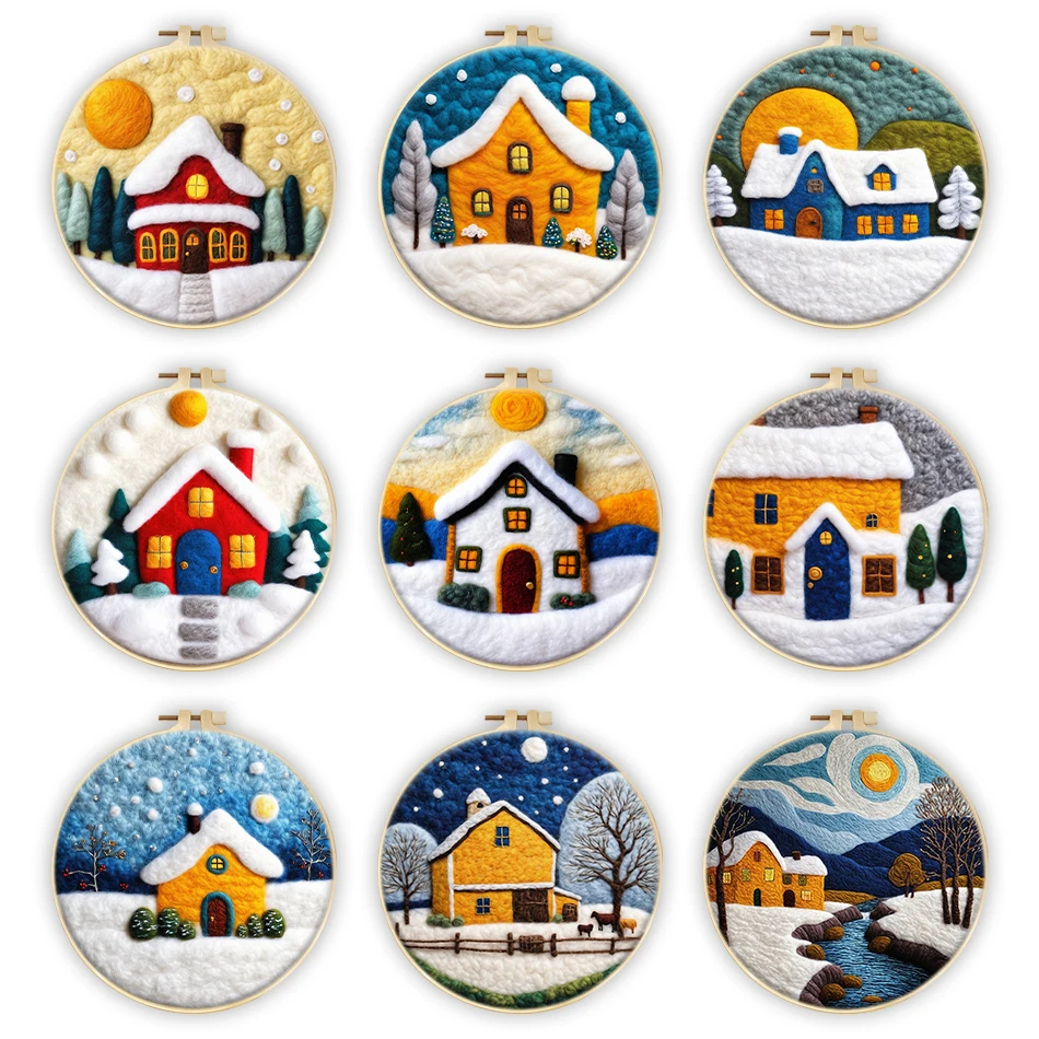 SDOYUNO Wool Felt Painting Kit Winter House Handmade Handicraft Felt Scenery Supplies Adults Diy Set Wall Art Wool Needlework