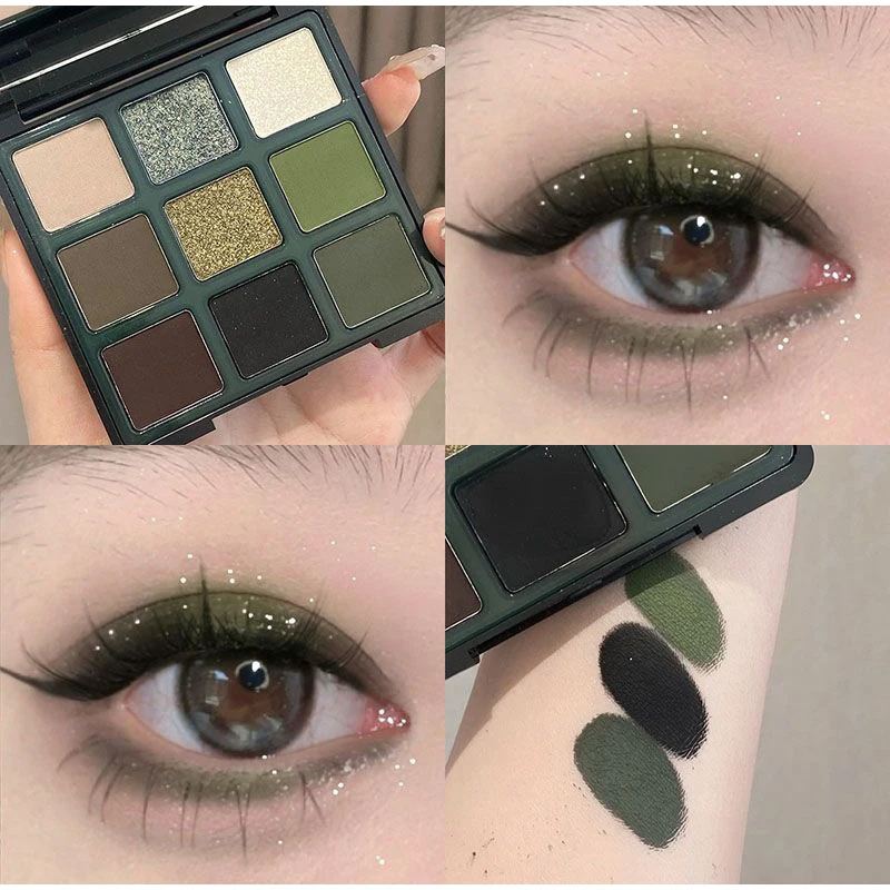 Smoked Eye Design With Olive Green And Pearl Sequins 9 Color Band Mirror Eye Shadow Palette Olive Green Eye Shadow Palette New