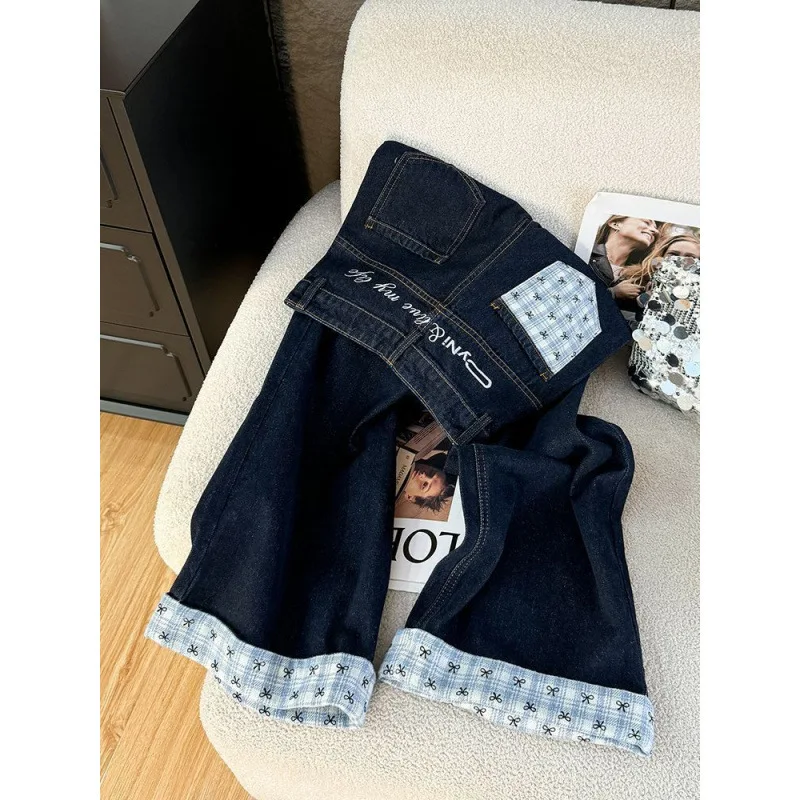 

2026 New Women High Waist Contrast Color Rolled Hem Jeans Dark Blue Letter Embroidery Lazy Style Straight Wide Leg Denim Trouser