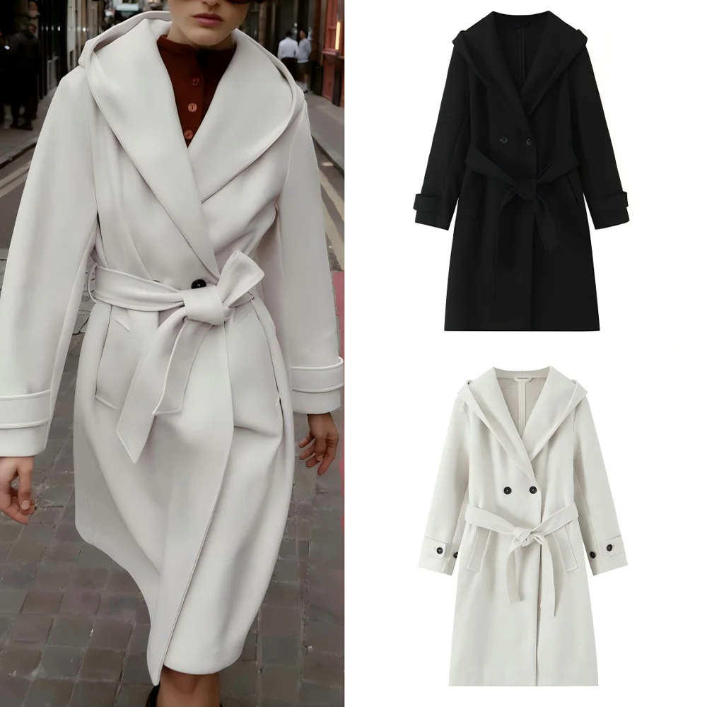 

Women's new fashion with Belt loose long style double breasted soft texture coat retro hooded long sleeved women's coat chic top