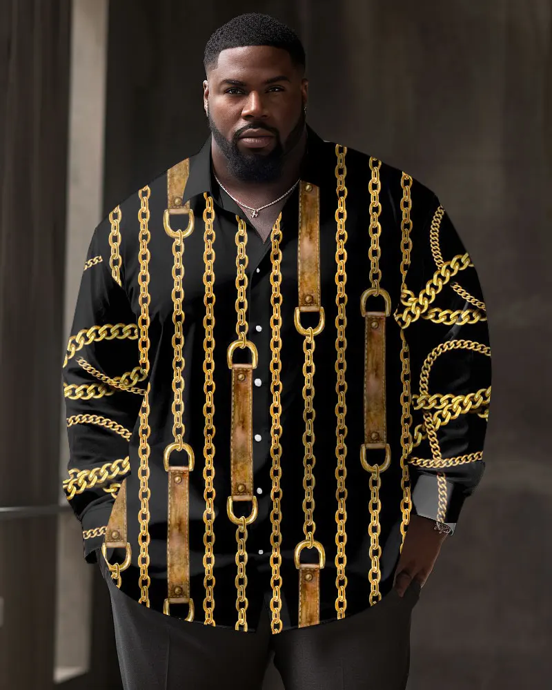 Biggmans (L-9XL)For Men\'s Large Size Houndstooth Pattern Lapel Casual Metal Long Sleeve Shirt