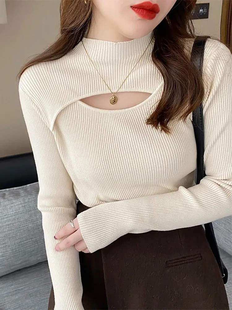 เสื้อสเวตเตอร์ถักคอเต่าแบบโปร่งสำหรับผู้หญิง เสื้อไหมพรมแบบร่อง แขนยาว สำหรับฤดูใบไม้ร่วงและฤดูหนาว เสื้อสเวตเตอร์ผู้หญิงแบบพื้นฐาน เนื้อผ้านุ่ม อุ่นสบาย