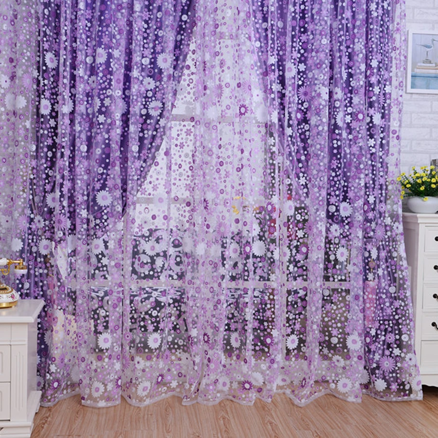 2 Panels Rural Small Flowers Voile Tulle Room Window Curtain Transparent Pastoral Floral Sheer Curtains Easy To Install Curtain