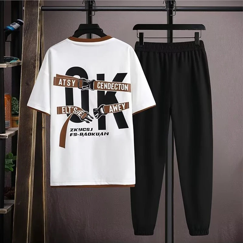 Hip Hop Men\'s Sets Short Sleeve T Shirts+Elastic Waist Trousers Fashion Men Clothing Sets Streetwear Two Piece Set Tracksuit Men