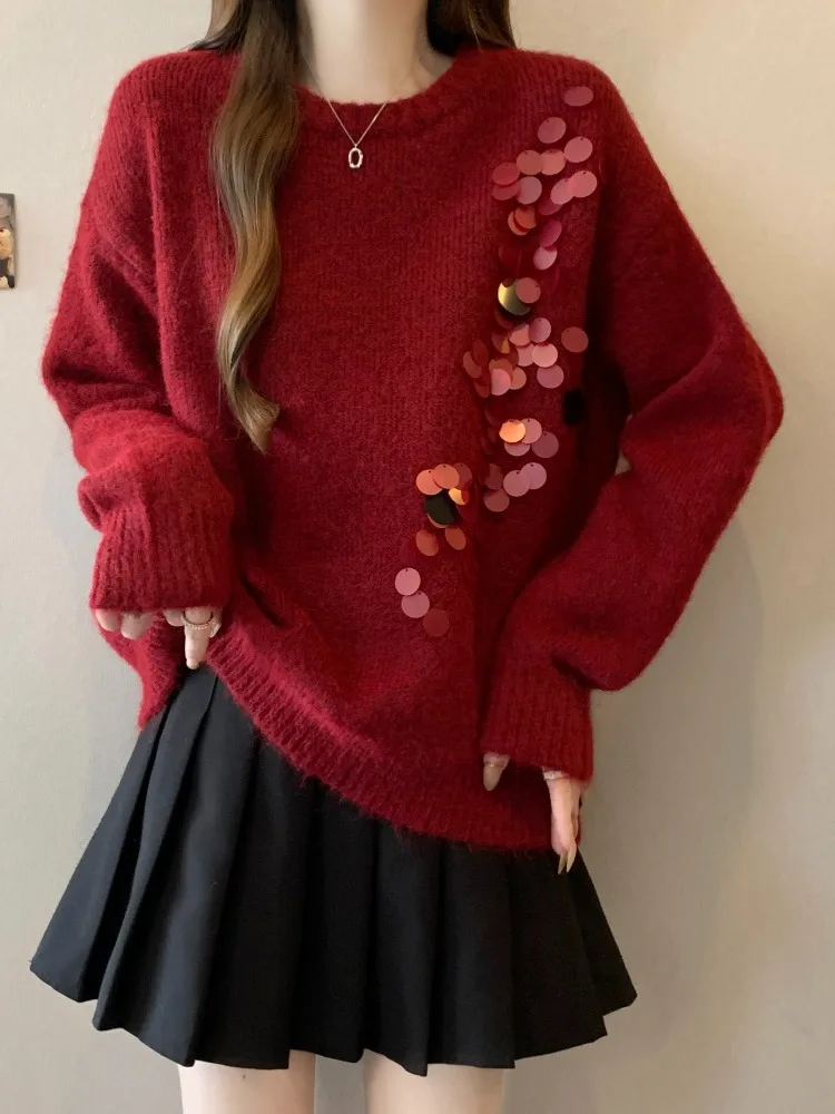 Ele Rode Gebreide Trui Dames Lente Herfst Winter Grote Maat Heldere Pailletten Top Faionable Oulder Dames Knitwear