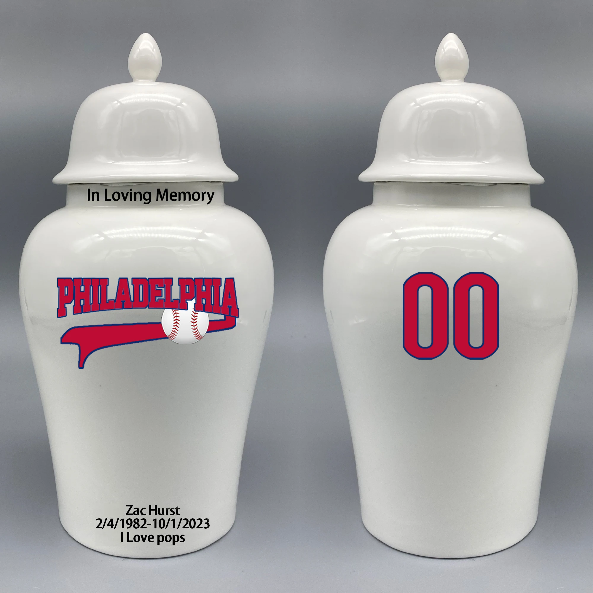 Large Urn for Philadelphia Phillies-themed Logo Urn.Please send me the customize information-name/date and number on the urn