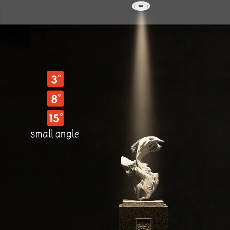 

Ультратонкие светодиодные прожекторы Small Angle focus 3. ° 8 ° 15 ° Потолочный точечный светильник для чайного домика, атмосфера, точечный светильник, винный шкаф, музейное освещение 3W5W