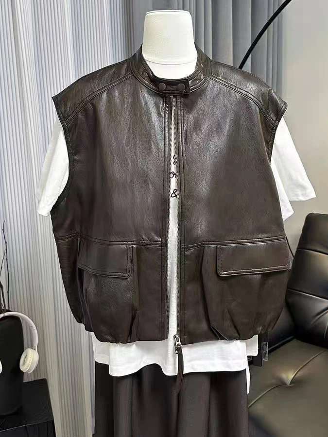

plus Size Women's PU Leather Vest Jacket Loose Outerwear Autumn Winter Fashion Retro Hong Kong Style 2300 Pounds Outerwear