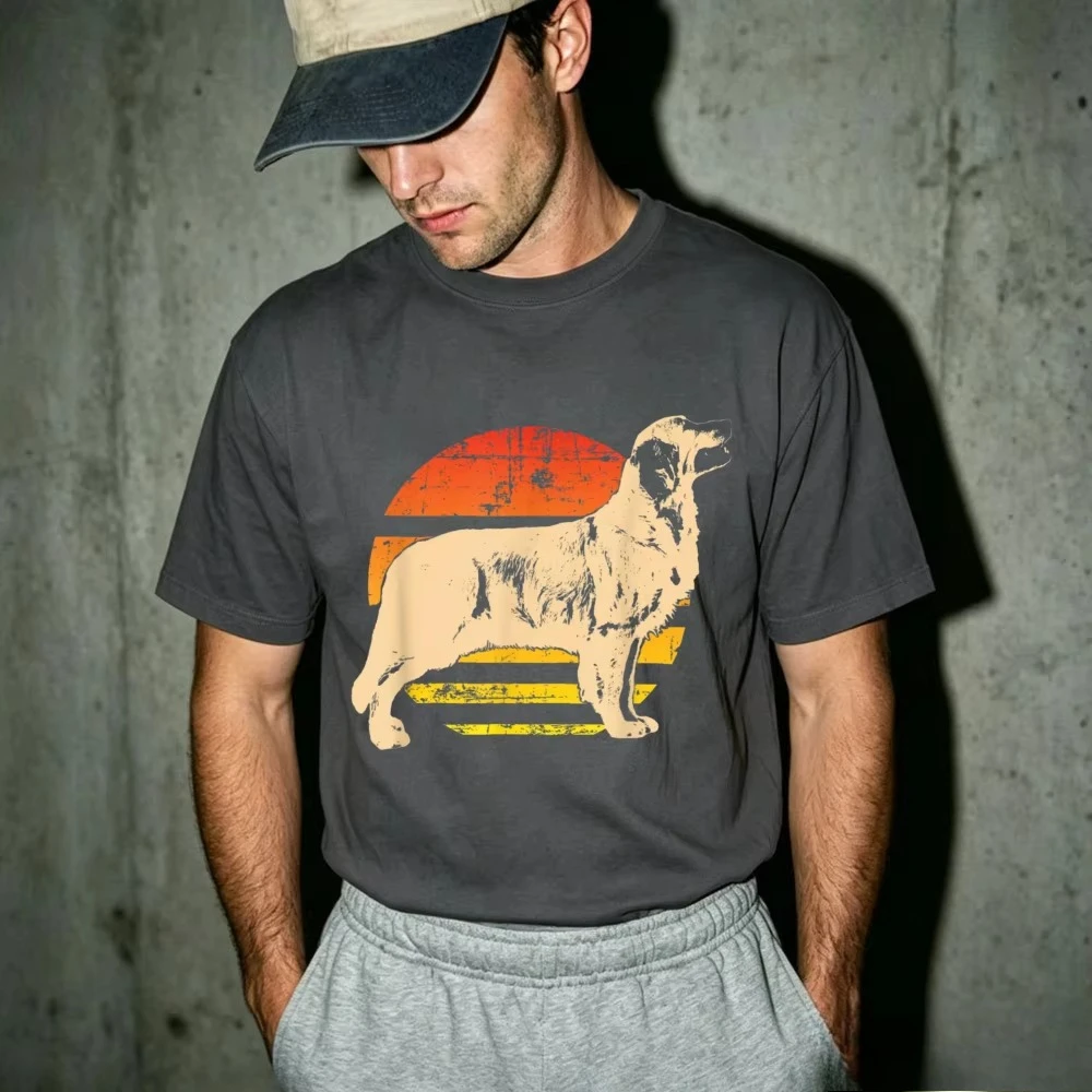 Distressed Retro Sunset Golden Retriever Silhouette Graphic T Shirt Side Profile Dog Retro Striped Sun Print Men Clothes