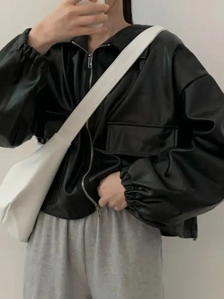 Chaqueta de Cuero Estilo Motero para Mujer, Nueva Colección Otoño, Cuello Alto, Doble Bolsillo, Cordón Ajustable, Estilo Urba...