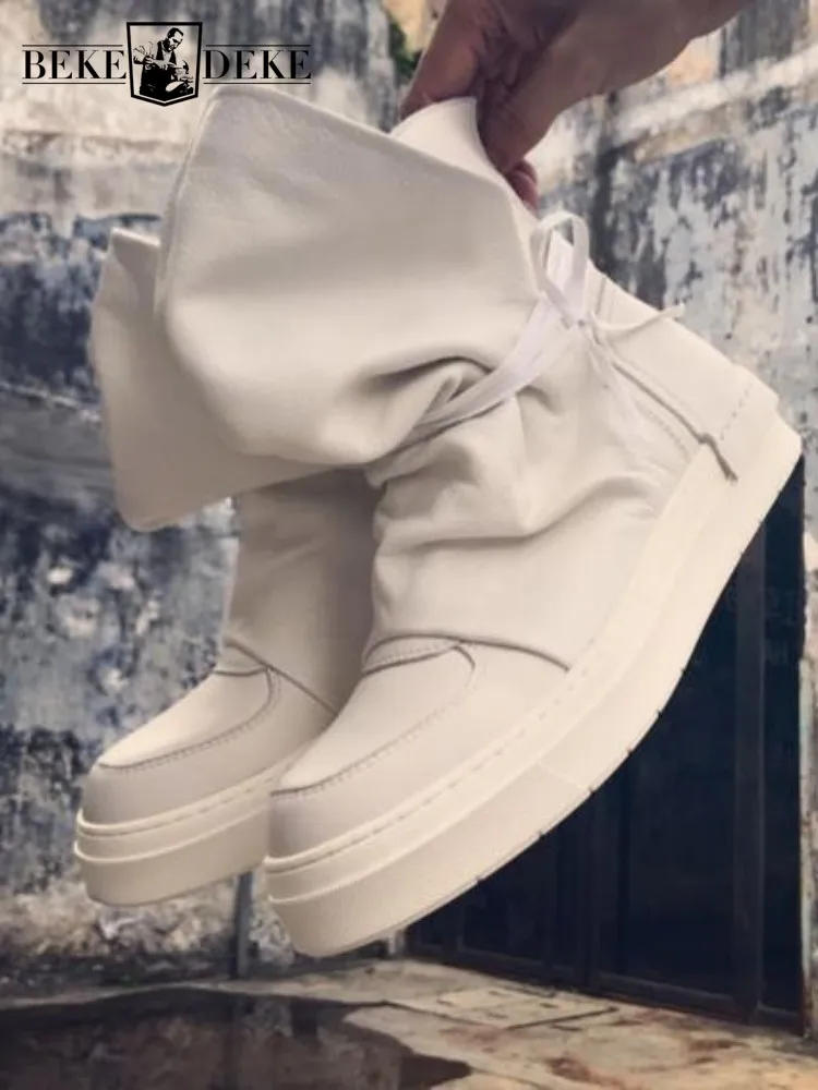 

Korean Style Genuine Leather Round Toe Cross-Tied Ankle Boots Solid Color Cowhide Male Height Increase High Top Footwear