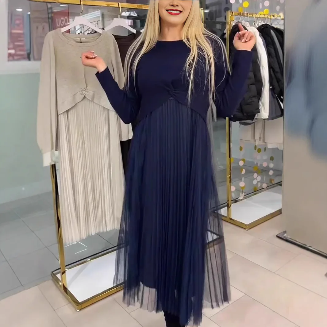 ใหม่จีบลูกไม้ชุดผู้หญิงแฟชั่น O คอพับผู้หญิง Dresswith Slim PARTY A-Line ชุดยาวฤดูใบไม้ผลิฤดูใบไม้ร่วง