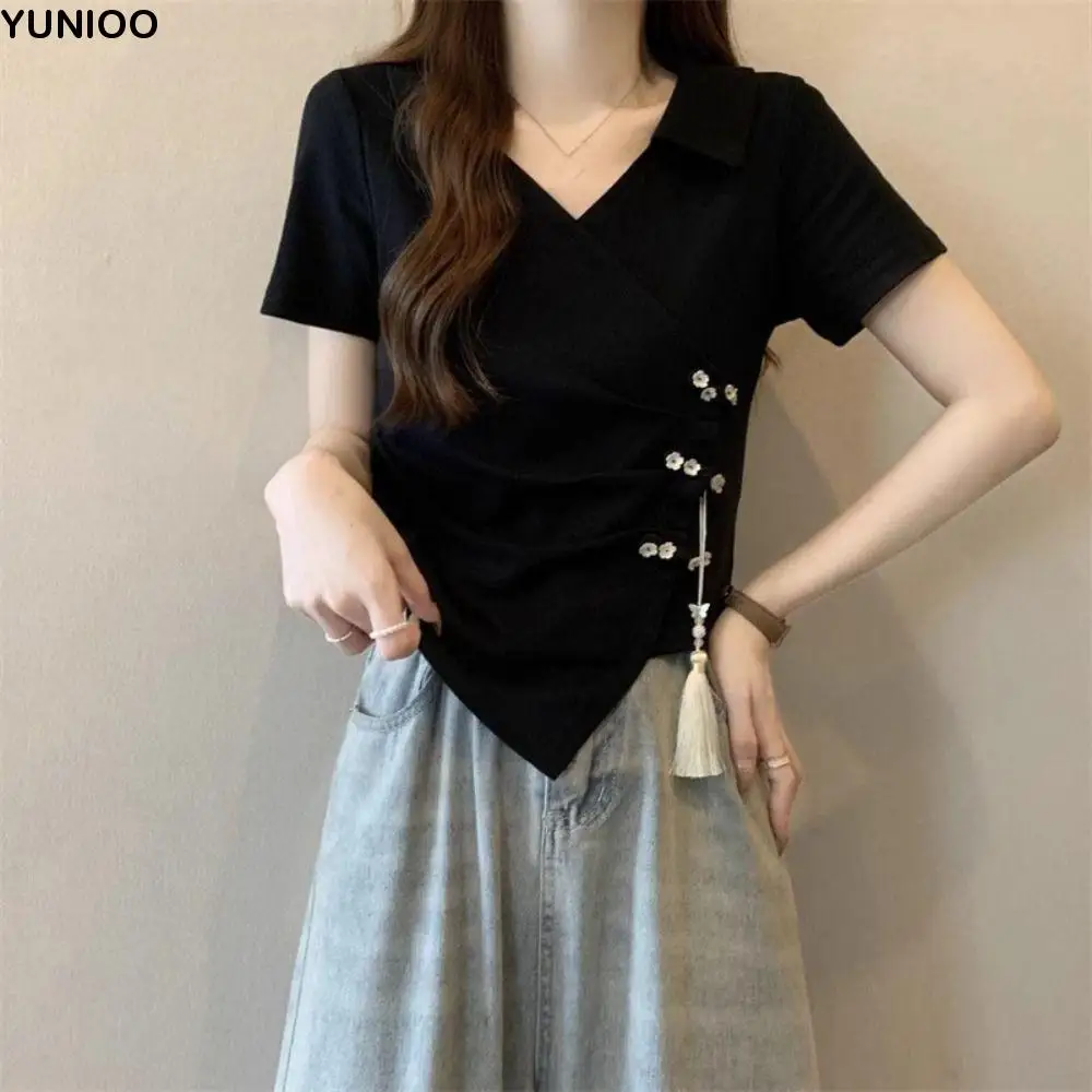 

Tassel Pendant Irregular V-neck T-shirt Flower Button Chinese Style Women's Slim Crop Tops Streetwear Female Summer Tops