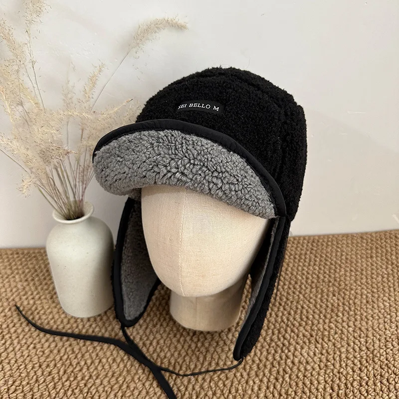 Koreanische Damen-Trapper-Mütze aus Kunstlammfell, warme Bomber-Mütze mit Ohrenklappen, winddicht, wendbarer Schirm, Wintermütze für kaltes Wetter, Outdoor-Mütze – Detail 7
