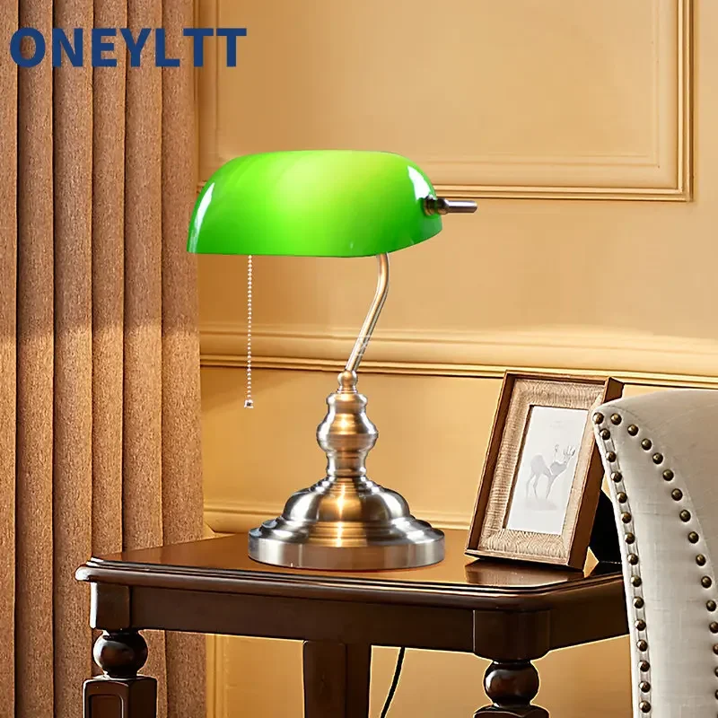 

Classical vintage banker lamp table lamp E27 with switch Green glass lampshade cover desk lights for bedroom study home reading