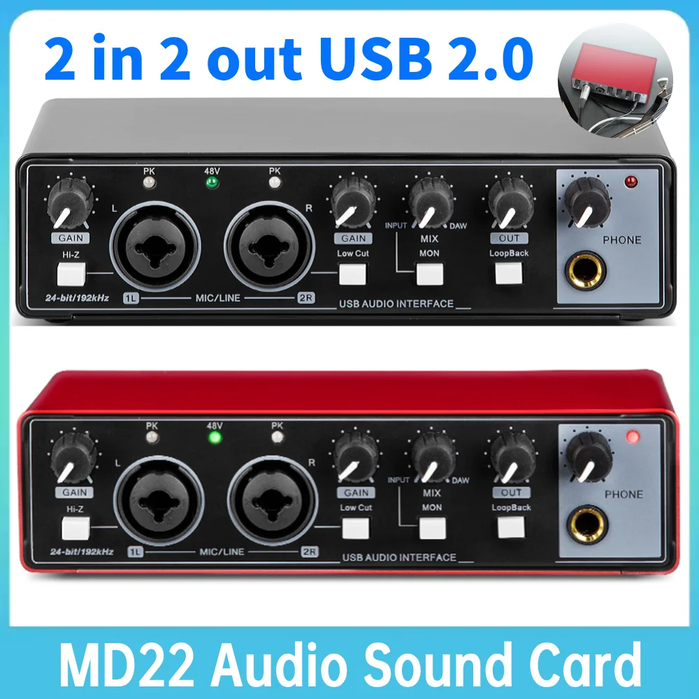 MD22 External Recording Sound Card 2 in 2 out USB2.0 Audio Interface Driver Free Audio Sound Card 48V Phantom Power 24-bit/192KH