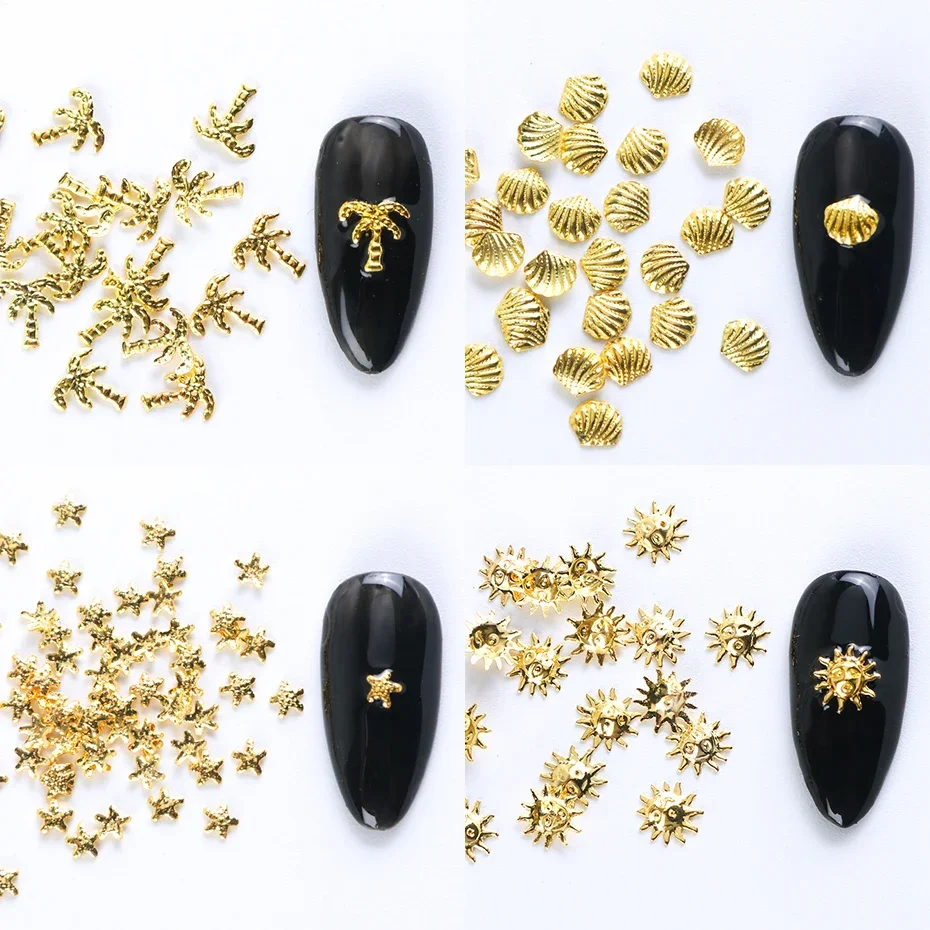 12 Grids Gold Nail Art Alloy Studs Seaside 3D Decorations Sea Shell Star Nail Charm Metal Frame Rivets Nail Sequin Accessories