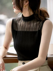 Sexy See-through Lace Tank Tops Women Summer Sleeveless Knitted Vest Casual Korean Half High Collar Camis Black White Top