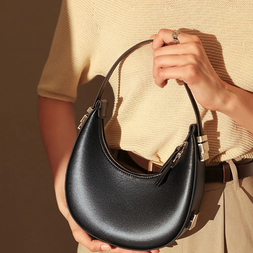 

Simple Minimalist Style Pu Leather Handbag Elegant Pu Half-moon Underarm Bag Zipper Casual Crescent Bag Travel